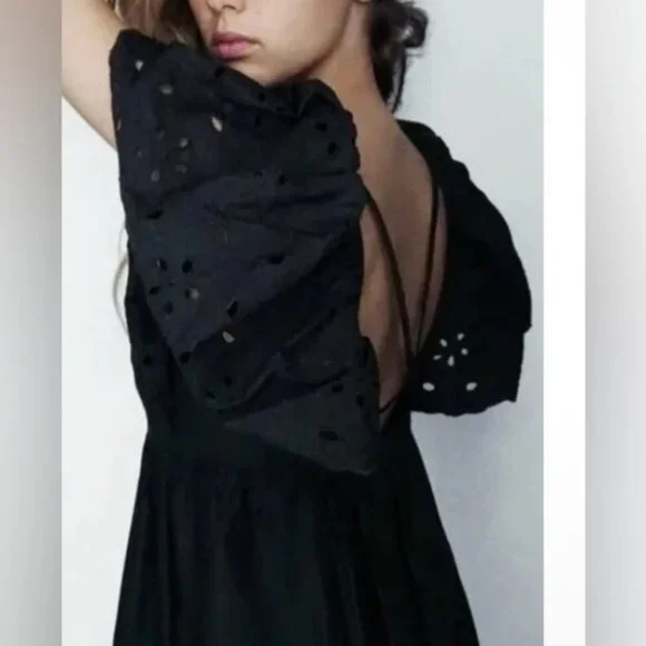 Zara Open Work Embroidered Dress Black Size Small - Picture 7 of 8